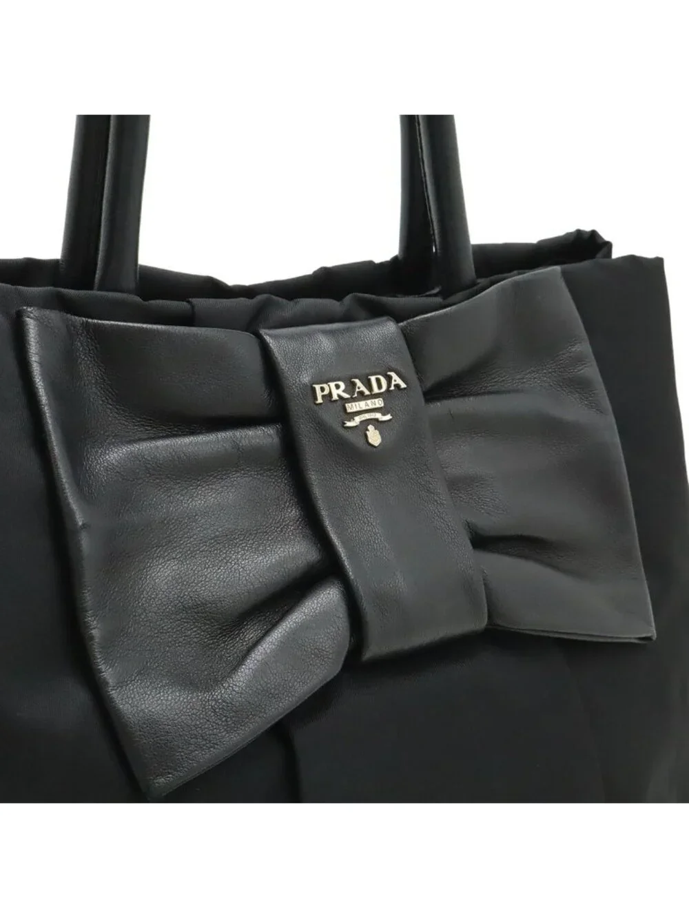 Prada Tote Ribbon Nylon Leather Nero Black Silver